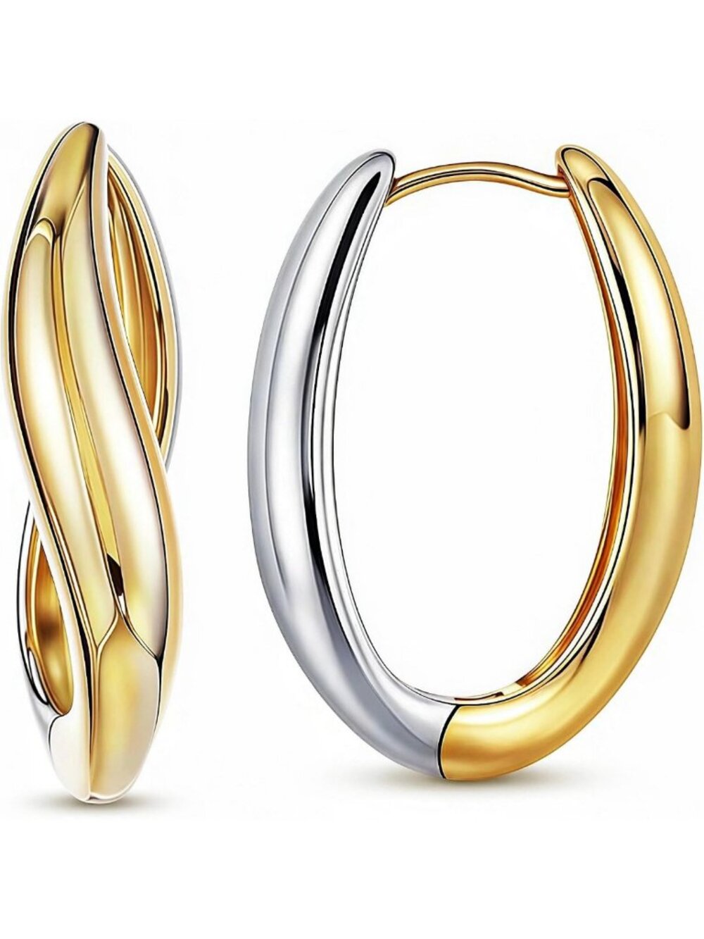 Chic Two-Tone Gold & Silver Oval Hoop Earrings | 14K Gold Plated Fashion Jewelry